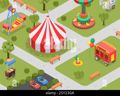 Amusement park and circus tent. Carousels and various swings, car rides, boat and balls. Mobile entertainments in city garden, isometric vector Stock Vector