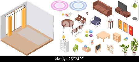 House room isometric location. Isolated furniture and home accessories. Sofa, armchair, living room table with chairs, decoration, vector constructor Stock Vector