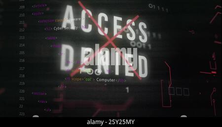 Access Denied text image over computer code and binary numbers Stock Photo