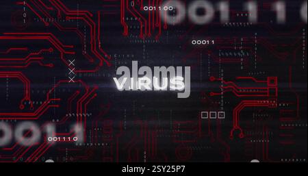 Red circuit board and binary code with VIRUS text image Stock Photo