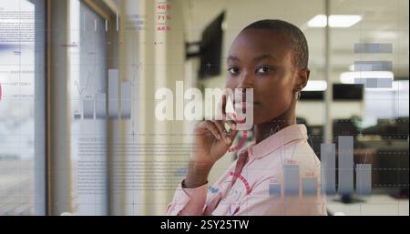 Businesswoman analyzing data charts and graphs, financial data processing image Stock Photo