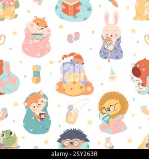 Cozy animals seamless pattern. Lion hippo hamster fox bunny in warm blankets and plaids. Cartoon animals childish print for fabric, nowaday vector Stock Vector
