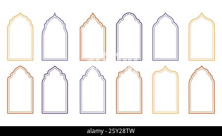 Traditional Islamic window shapes in oriental style. Set of colorful thin line Eid Mubarak decorative arches, mosque borders or Moroccan gates. Arabic Stock Vector