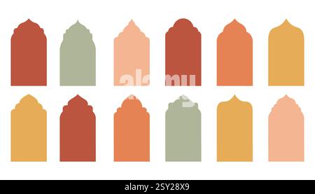 Traditional Islamic window shapes in oriental style. Set of colorful silhouette Eid Mubarak decorative arches, mosque borders or Moroccan gates. Arabi Stock Vector
