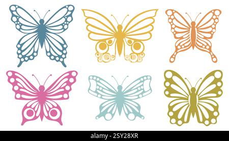 Cute butterflies set. Spring and summer insects design elements. Hand drawn flat style clip art collection. Stock Vector