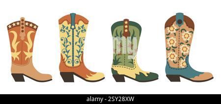 Cowgirl boots set in flat style. Hand drawn cowboy Western and Wild West concept. Traditional shoes collection. Stock Vector