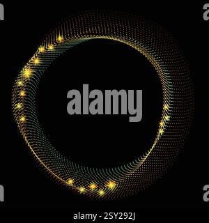 Flowing colorful round frame with dots, particles, wavy halftone gradient shape isolated on black background. Clip art concept of technology, science, Stock Vector