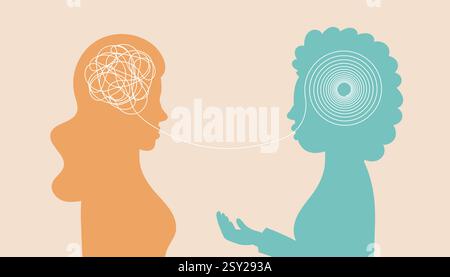 Psychotherapist and patient. Couple talking, characters silhouettes. Psychotherapy session or psychological consultation. Sad or frustrated female cha Stock Vector