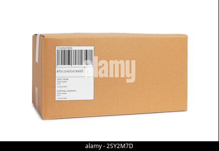 One parcel with shipment label isolated on white Stock Photo - Alamy