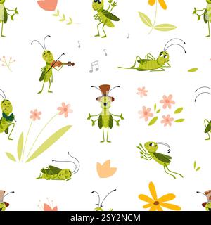 Grasshopper seamless pattern. Cute positive grasshoppers and flowers grass. Decorative print with insects for fabric wallpaper wrapping, classy vector Stock Vector