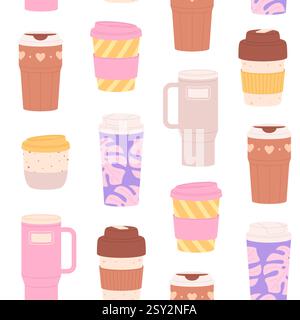 Thermo mugs seamless pattern. Reusable cups and thermos, decorative tumbler for hiking and camp tourism. Stylish racy vector printable design Stock Vector