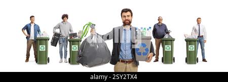 Men with recyclable materials, plastic bottles, cardboard, electronics and other waste isolated on white background Stock Photo