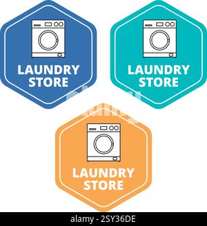 Three colored laundry store signs with icons on a white background Stock Vector