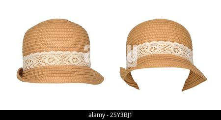 Women's summer sun hat made of straw decorated with lace isolated cutout on white Stock Photo