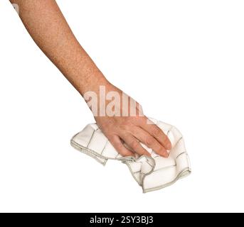 Female hand cleaning with white microfiber cloth isolated cutout on white background Stock Photo