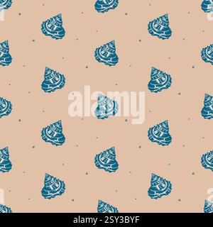 Vintage Blue Conch Shells on Beige Ocean Pattern. Hand-drawn blue conch shells on a beige background with floating bubbles, vintage coastal-inspired d Stock Vector