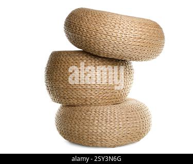 Three stylish wicker poufs on white background Stock Photo
