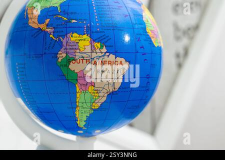Globe Close-Up: Focus on South America and Atlantic Ocean Stock Photo