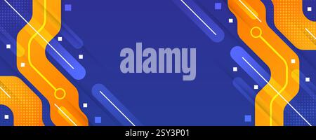 Abstract Geometric Background Design with Orange Dynamic Lines on Blue Background in Modern Technology Concept Stock Vector