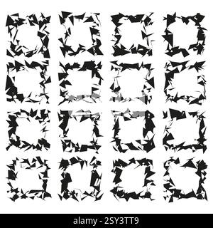 Distressed black frames. Abstract jagged borders. Geometric shattered shapes. Rough decorative edges. Stock Vector