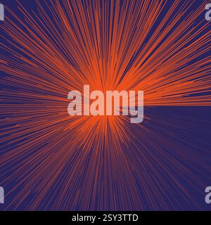 Exploding energy burst. Radiating orange lines. Dark blue background. Dynamic speed effect. Stock Vector