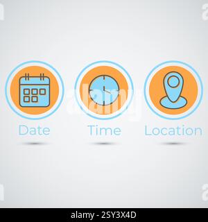 Date time location icon clock calendar location icon web icon set flat vector illustration Stock Vector