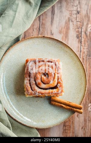 Cinnamon rolls on wooden table, top view, copy space Stock Photo