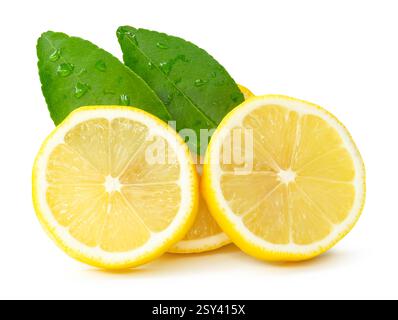 Front view of ripe yellow lemon fruit or slices in three circles with green leaves is isolated on white background with clipping path. Stock Photo