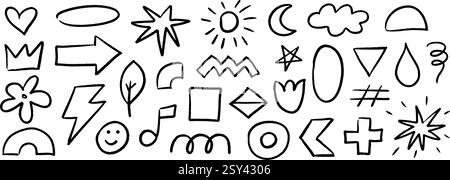Black crayon hand drawn shape set. Paint brush scribbled element collection. Pencil doodled childish sign and symbols. Rough sketched charcoal arrow, crown, heart, star, squiggle, flower. Vector Stock Vector