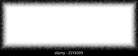 Halftone rectangle grain frame. Black comic dotted border. Pop art fading gradient frame backdrop. Black and white grunge abstract background. Dot texture graphic design wallpaper. Vector Stock Vector