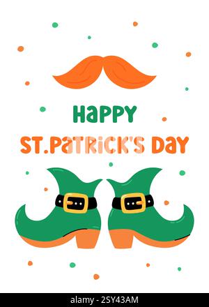 Happy St Patricks Day greeting card, vector illustration. Cute colorful leprechaun elements in Irish colors. Saint Patrick Day March 17 vertical card Stock Vector