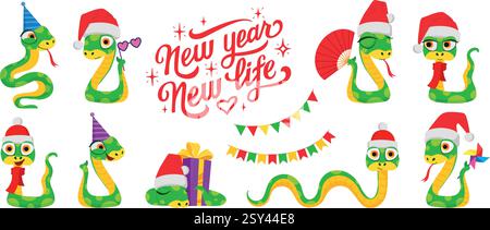 Cute snakes set. Chinese 2025 New Year symbol. Chinese horoscope zodiac sign. Snake characters in different pose, in Santa hat, with gift box. Cartoon vector illustration isolated on white background. Vector illustration Stock Vector