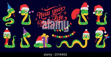 Cute snakes set. Chinese 2025 New Year symbol. Chinese horoscope zodiac sign. Snake characters in different pose, in Santa hat, with gift box. Cartoon vector illustration isolated on white background Stock Vector