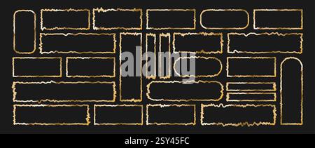 Jagged Rectangle shapes. Set of outline golden grunge geometric frames. Ripped and cutout paper torn strip. Vector illustration isolated on black Stock Vector