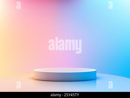 modern 3d white round platform on a reflective surface set against a vibrant gradient background of pastel pink, yellow, and blue hues, perfect for pr Stock Vector