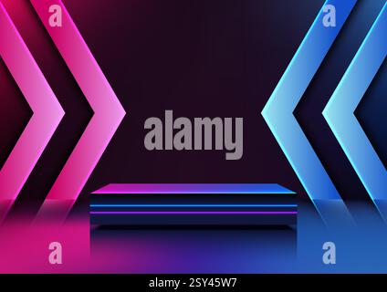 neon stage with pink and blue arrows framing a 3d dark podium on a reflective surface, perfect for technology concepts, product displays, and modern s Stock Vector