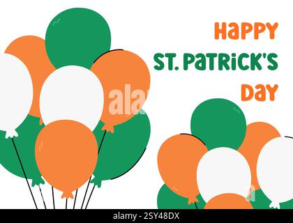 Happy St Patricks Day vector illustration. Cute colorful balloons bunch in traditional Irish colors green, orange and white. Saint Patrick Day celebra Stock Vector