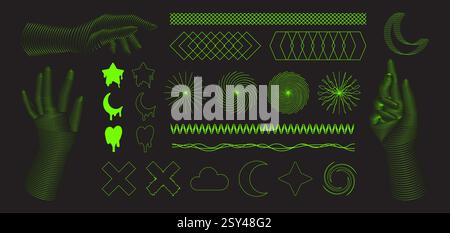 Y2k aesthetic element pack with neon green designs on black - contoured hands, melting shapes, spiral rays, wavy patterns and geometric grids, mesh moon, outlined stars and cloud, glitch crosses. Stock Vector