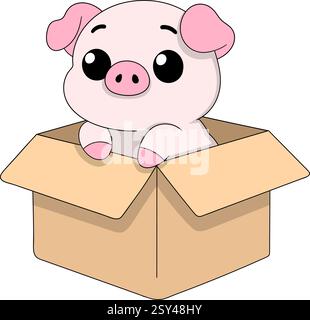 A cute cartoon baby pig with big eyes and an adorable expression is peeking out from an open cardboard box. Stock Vector
