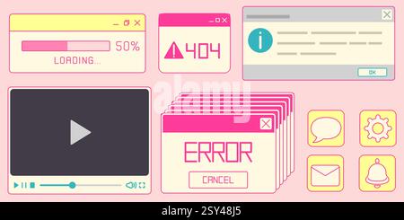 Window interface elements in retro pastel style - loading progress bar, 404 error message, info pop-up, video player, notification stack. Minimal web buttons with chat and setting, mail and bell icons Stock Vector