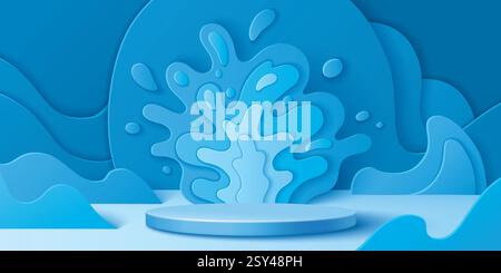 Abstract 3d blue paper cut splash background with round platform or pedestal. Artistic modern design with layered fluid shapes and dynamic wavy forms for product display, advertising or decoration. Stock Vector