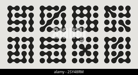 Metaball geometric pattern set of abstract rounded shapes - black minimalist squares with flowing organic connections and circular elements. Modern design compositions for digital backgrounds. Stock Vector