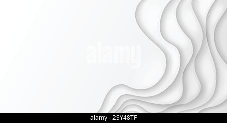 Neumorphism style abstract white background with curved wavy layers forming 3D realistic paper cut effect. Light gray shadows and space for text in minimalist elegant banner or business template. Stock Vector