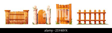 Cartoon gate and fence set with wooden doors and barriers - rustic entrance designs in country style with stone pillars and decorative elements. Garden boundary for game assets and farm backgrounds. Stock Vector