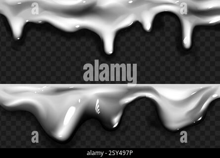 Liquid silver drips on transparent background - metallic molten drops and blobs with shadows. Trendy decorative element or overlay for graphic design. Realistic glossy metal shiny fluid splashes. Stock Vector