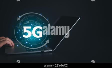Creative concept background, The concept of 5G network, High-speed mobile Internet, New generation networks, Mixed media, Male hand use computer with Stock Photo