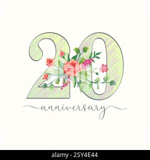Cute number 20 with roses and mallows bouquet. Happy anniversary graphic congrats. Creative handdrawn style digit 2 and 0 with sketching elements Stock Vector