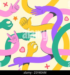 Flexible hands pattern. Cartoon long elastic hand different gestures thumbs up like finger point abstract color funny stretched arms fabric print wallpaper neat vector illustration original artwork Stock Vector