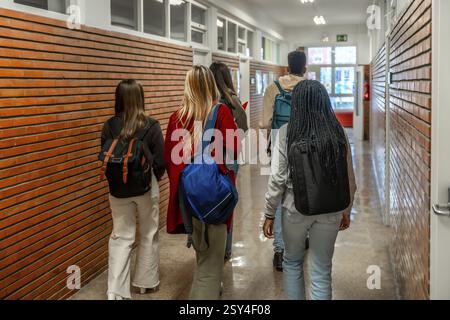 Group of diverse high school or university students walking down school hallway between classes Stock Photo