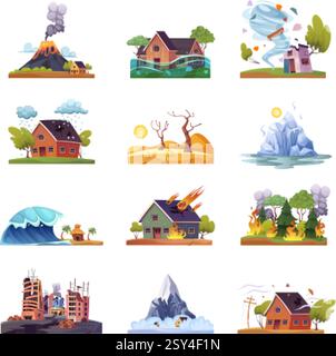 Cartoon natural disasters. Nature weather calamity, global warming disaster catastrophe earthquake forest fire tsunami flood hail drought hurricane, swanky vector illustration original artwork Stock Vector